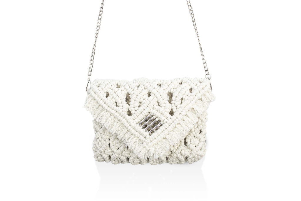 handmade Bali macrame bag pochette ecru chain zoom face