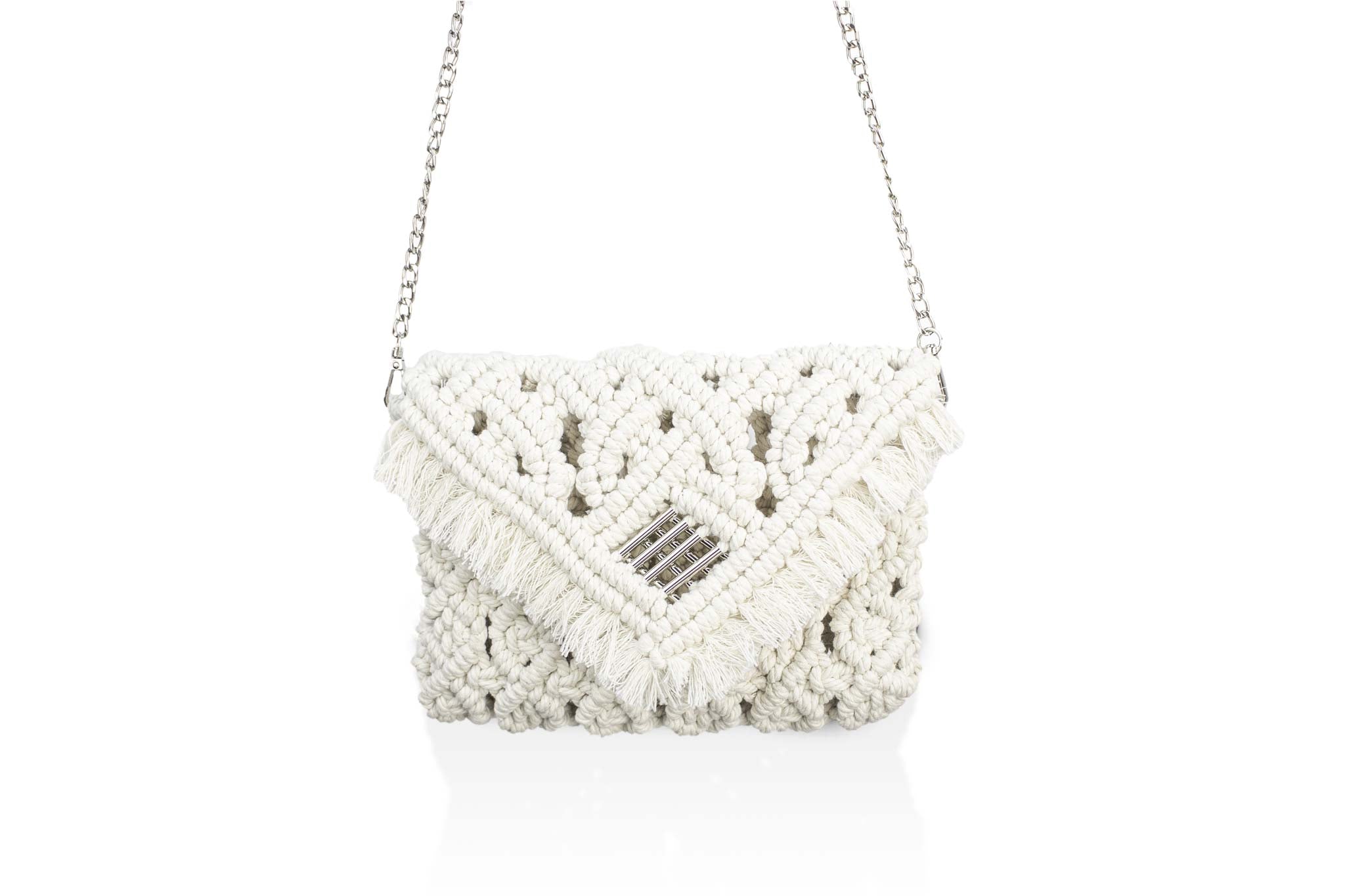 handmade Bali macrame bag pochette ecru chain zoom face