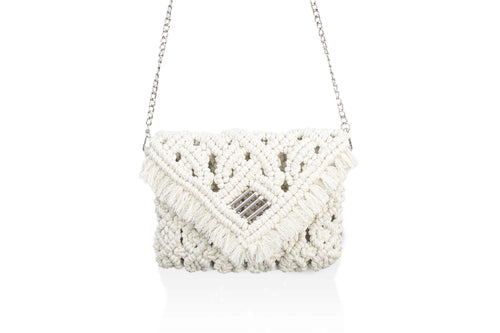 handmade Bali macrame bag pochette ecru chain zoom face