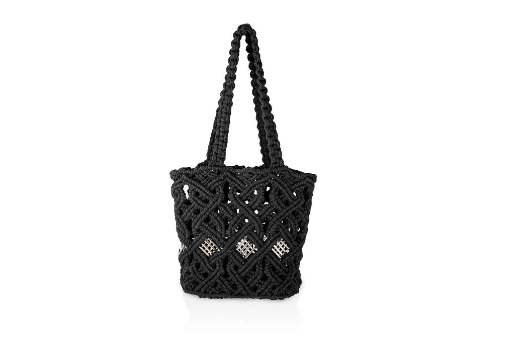 handmade bali grand modele big version casual macrame shopper tote bag black version face silvered tubes