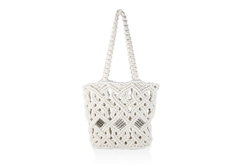 handmade bali grand modele big version casual macrame shopper tote bag ecru version face silvered tubes