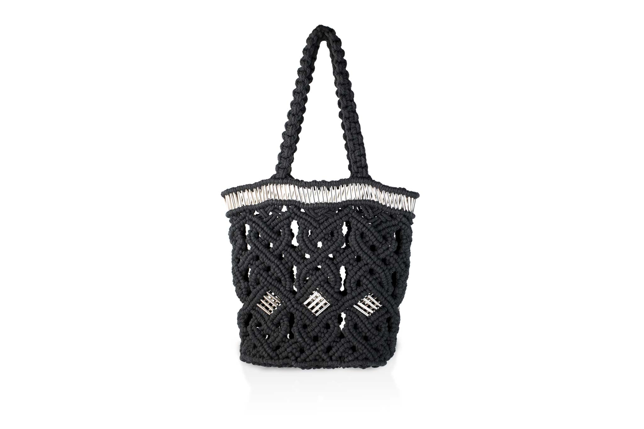 handmade bali grand modele big version luxury  macrame shopper tote bag black version face silvered tubes