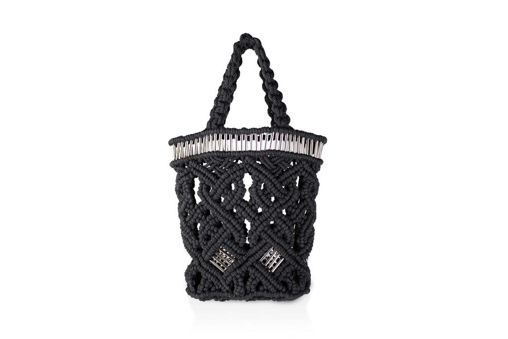 handmade bali petit modele small version luxury macrame shopper tote bag black version face silvered tubes