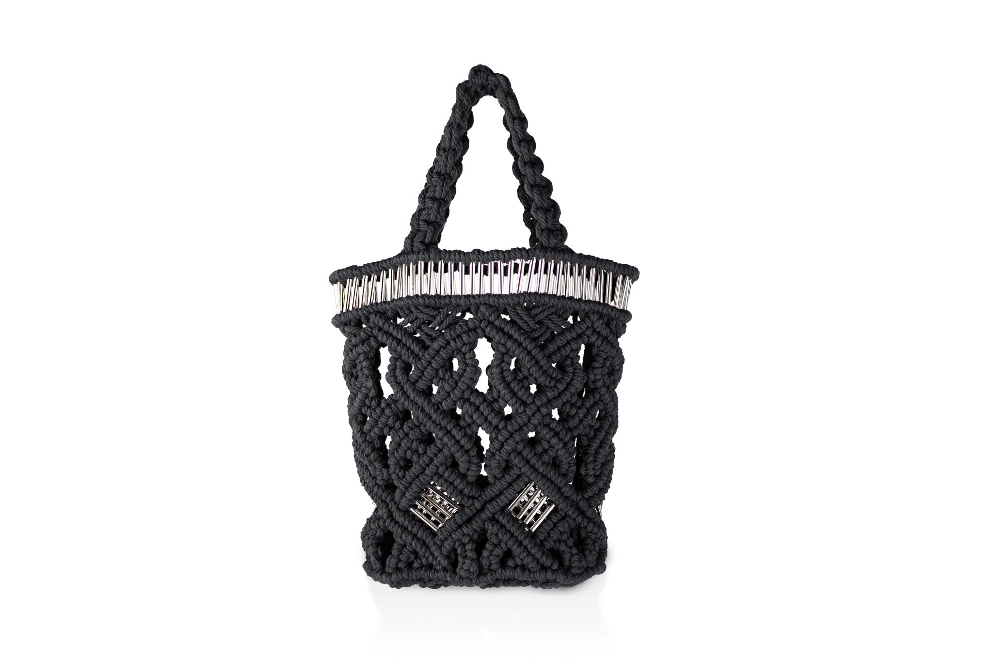 handmade bali petit modele small version luxury macrame shopper tote bag black version face silvered tubes