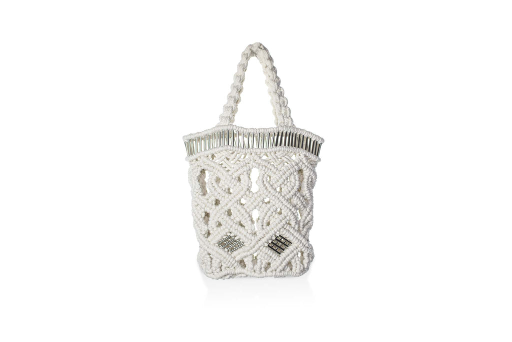 handmade bali petit modele small version luxury macrame shopper tote bag ecru version face silvered tubes
