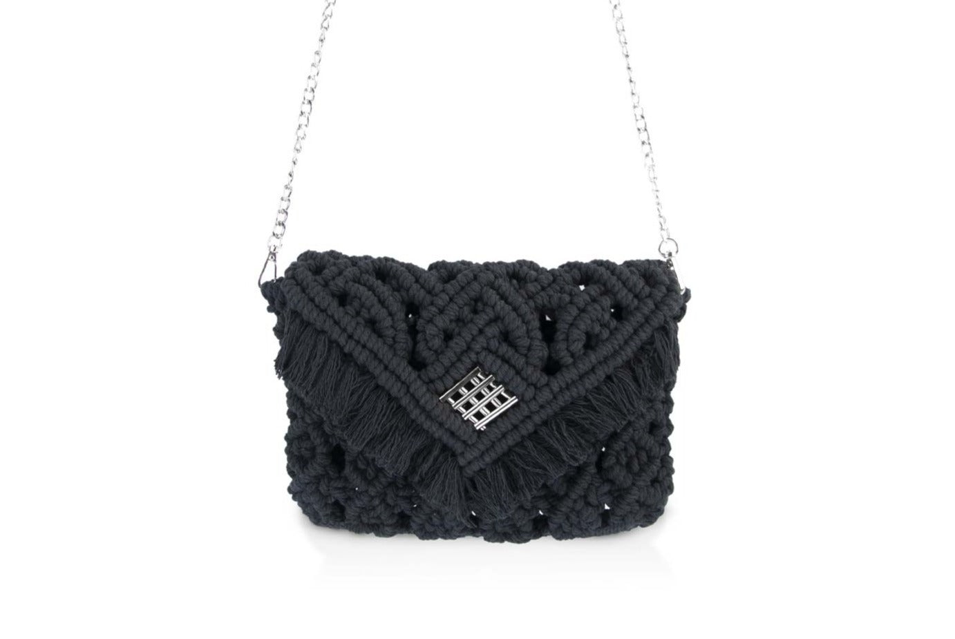 Bali-macrame-bag-pochette-black-chain-zoom-view handmade