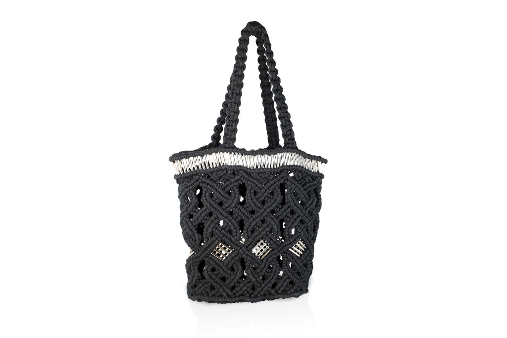 handmade bali grand modele big version luxury  macrame shopper tote bag black version profil silvered tubes