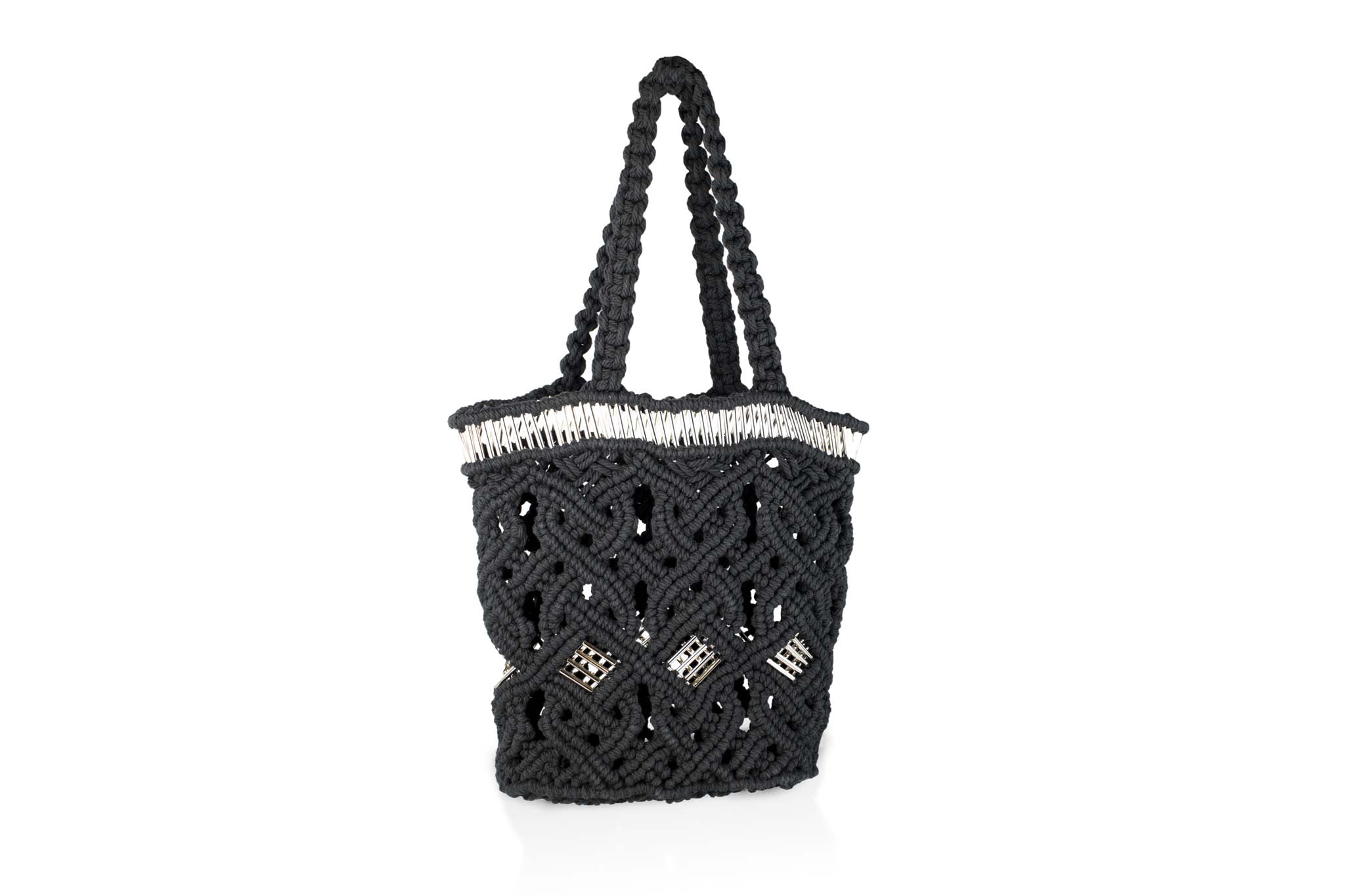 handmade bali grand modele big version luxury  macrame shopper tote bag black version profil silvered tubes