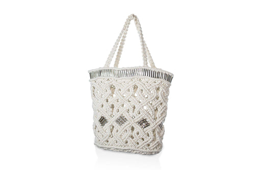 handmade bali grand modele big version luxury  macrame shopper tote bag ecru version profil silvered tubes