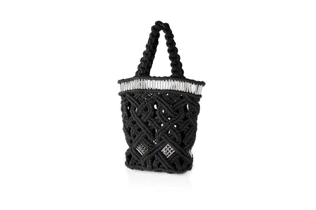 handmade bali petit modele small version luxury macrame shopper tote bag black version profil silvered tubes
