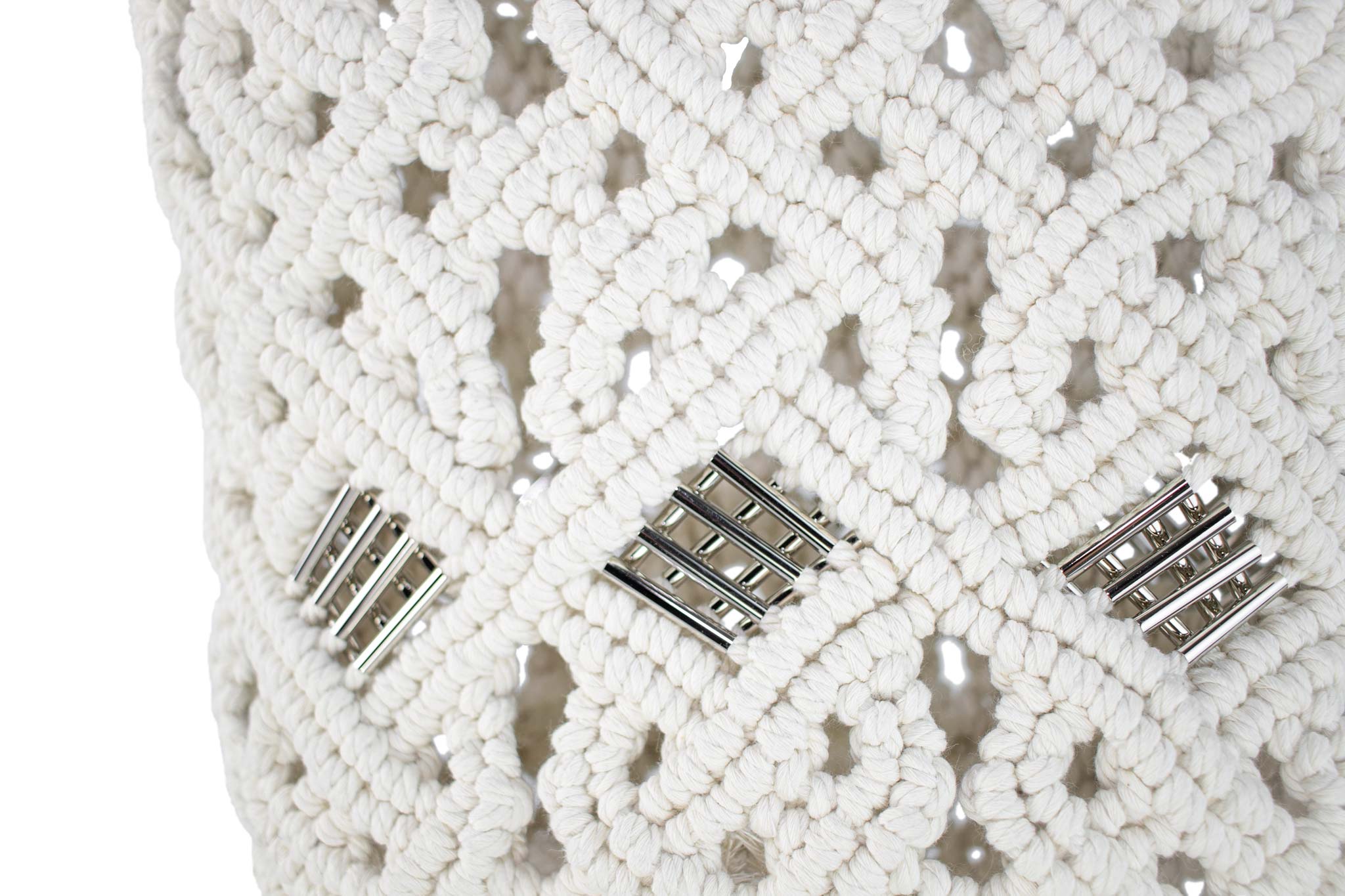 handmade bali grand modele big version luxury  macrame shopper tote bag ecru version zoom silvered tubes