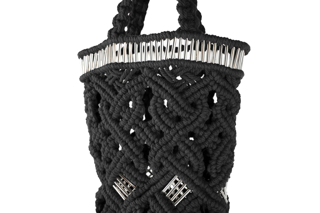 handmade bali petit modele small version luxury macrame shopper tote bag black version zoom silvered tubes line