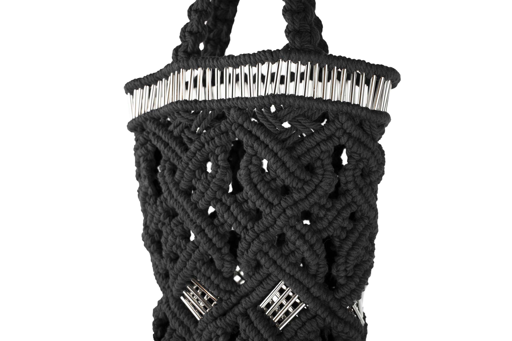 handmade bali petit modele small version luxury macrame shopper tote bag black version zoom silvered tubes line