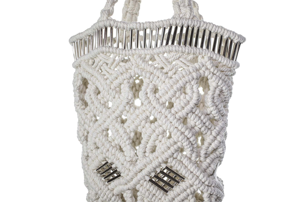 handmade bali petit modele small version luxury macrame shopper tote bag ecru version zoom line silvered tubes
