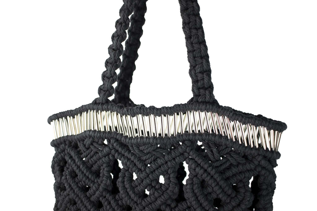 handmade bali grand modele big version luxury  macrame shopper tote bag black version zoom line silvered tubes