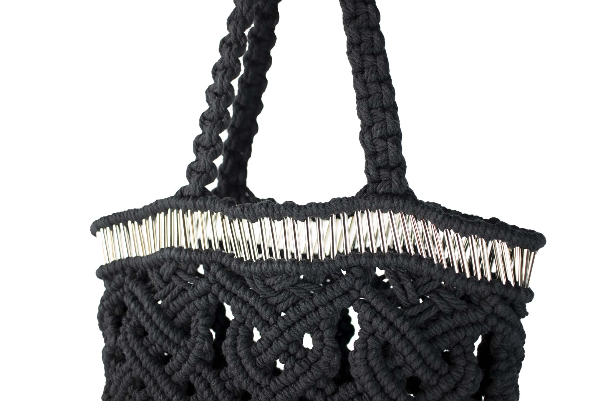 handmade bali grand modele big version luxury  macrame shopper tote bag black version zoom line silvered tubes