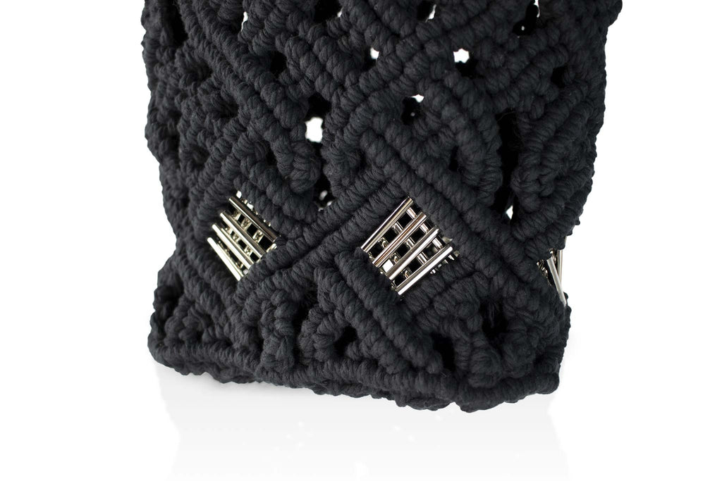 handmade bali petit modele small version luxury macrame shopper tote bag black version zoom silvered tubes