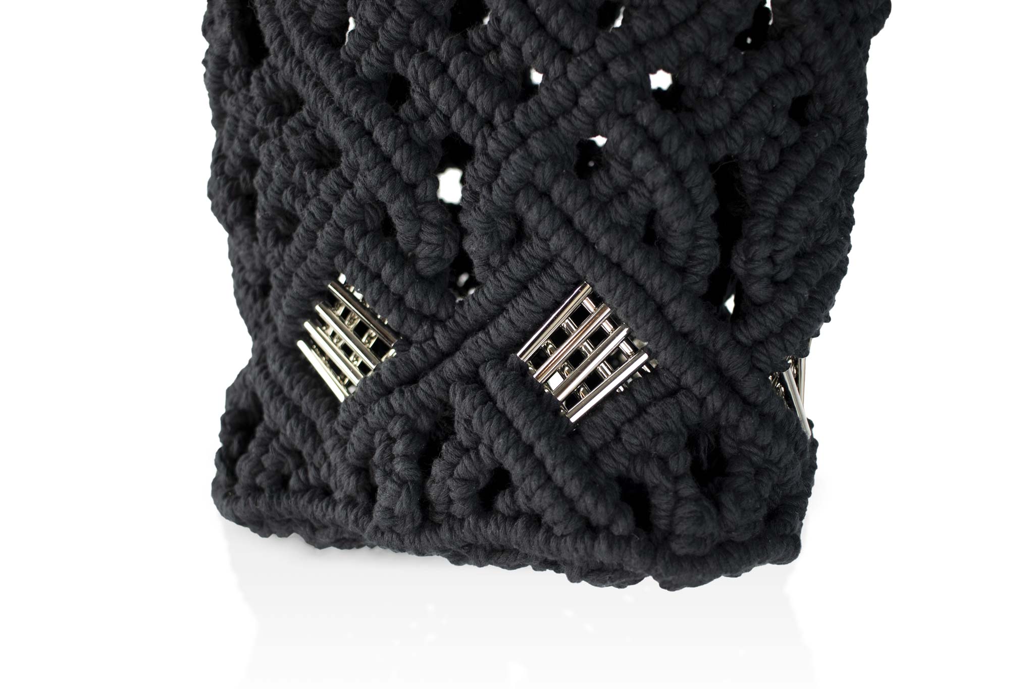 handmade bali petit modele small version luxury macrame shopper tote bag black version zoom silvered tubes